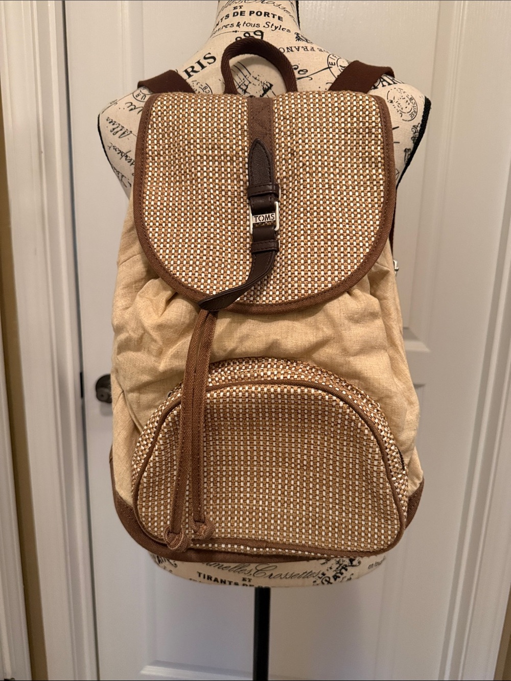 Toms Beige and Brown Woven-Front Canvas Backpack